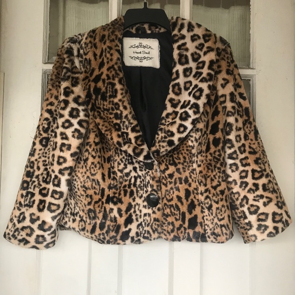 Heart Soul faux Fur leopard Print Teddy Cropped 3/4 sleeve Jacket - Picture 1 of 3
